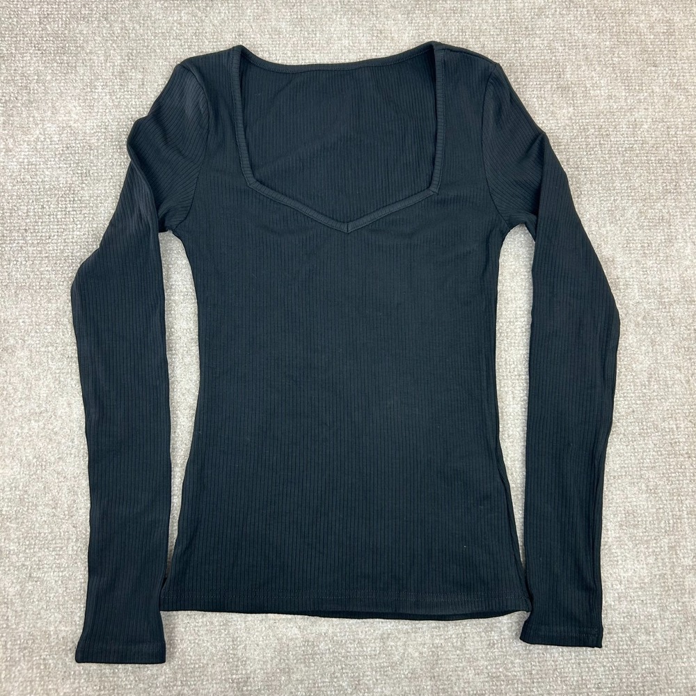 Commense Basic Top Womens XS Black Long Sleeve Plunge V Neck Stretch Ribbed